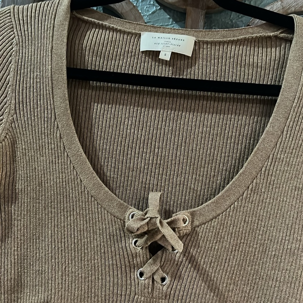 Sezane Soizic Cotton & Wool Ruffle Sleeve Ribbed Sweater - Picture 3 of 5